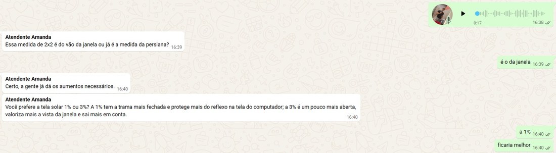 Conversa de WhatsApp: cliente manda audio e o sistema pergunta se a medida e do vao da janela ou da persiana