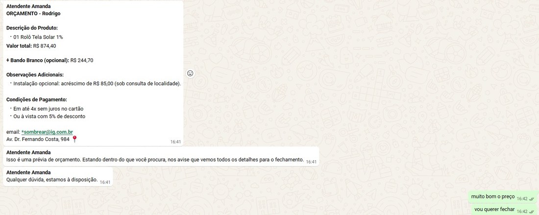 Orcamento de WhatsApp com valor, forma de pagamento e instalacao